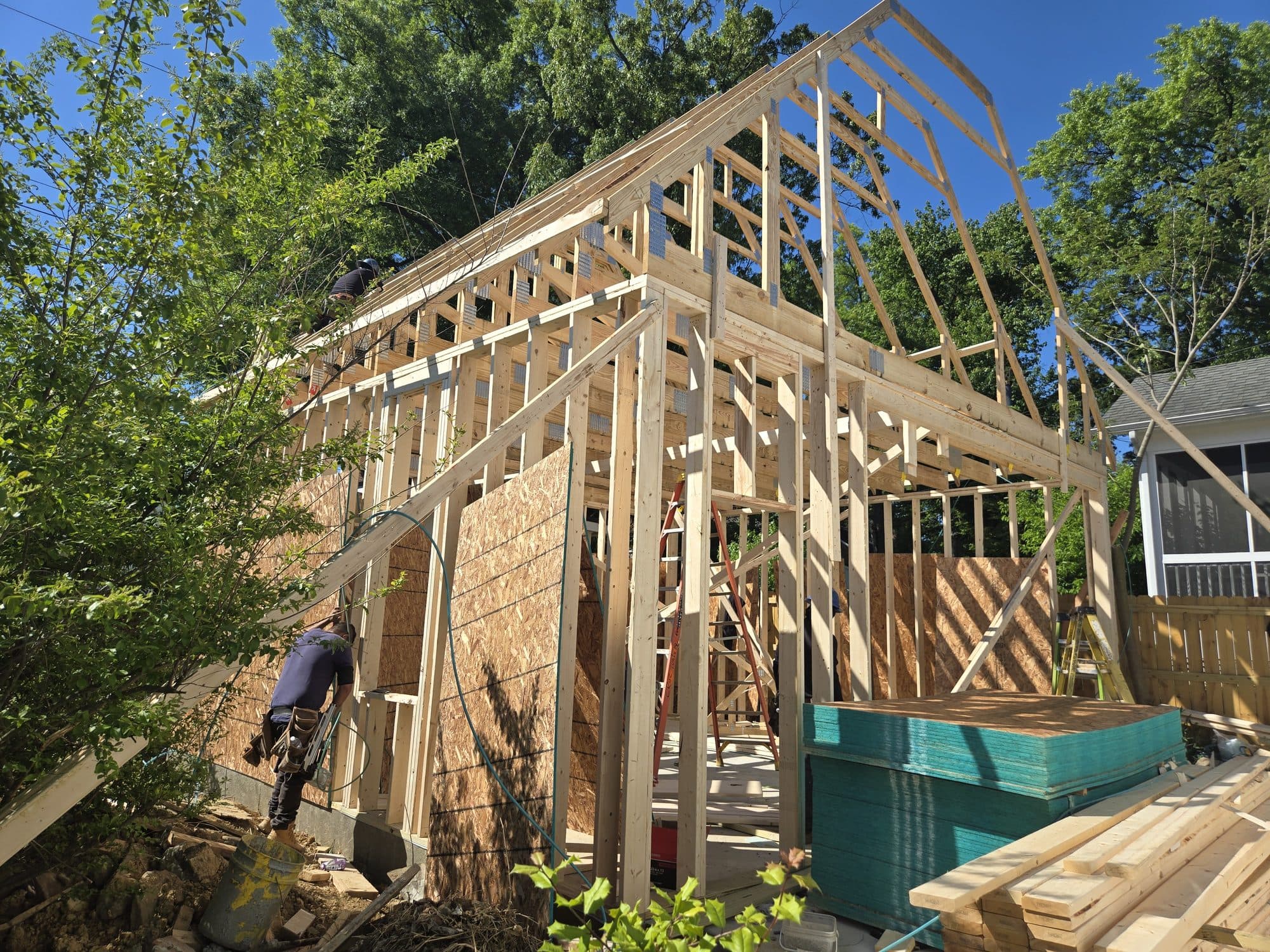 Framed addition roof trusses osb. Home addition project by Potts Brothers Construction, Arlington & Northern Virginia