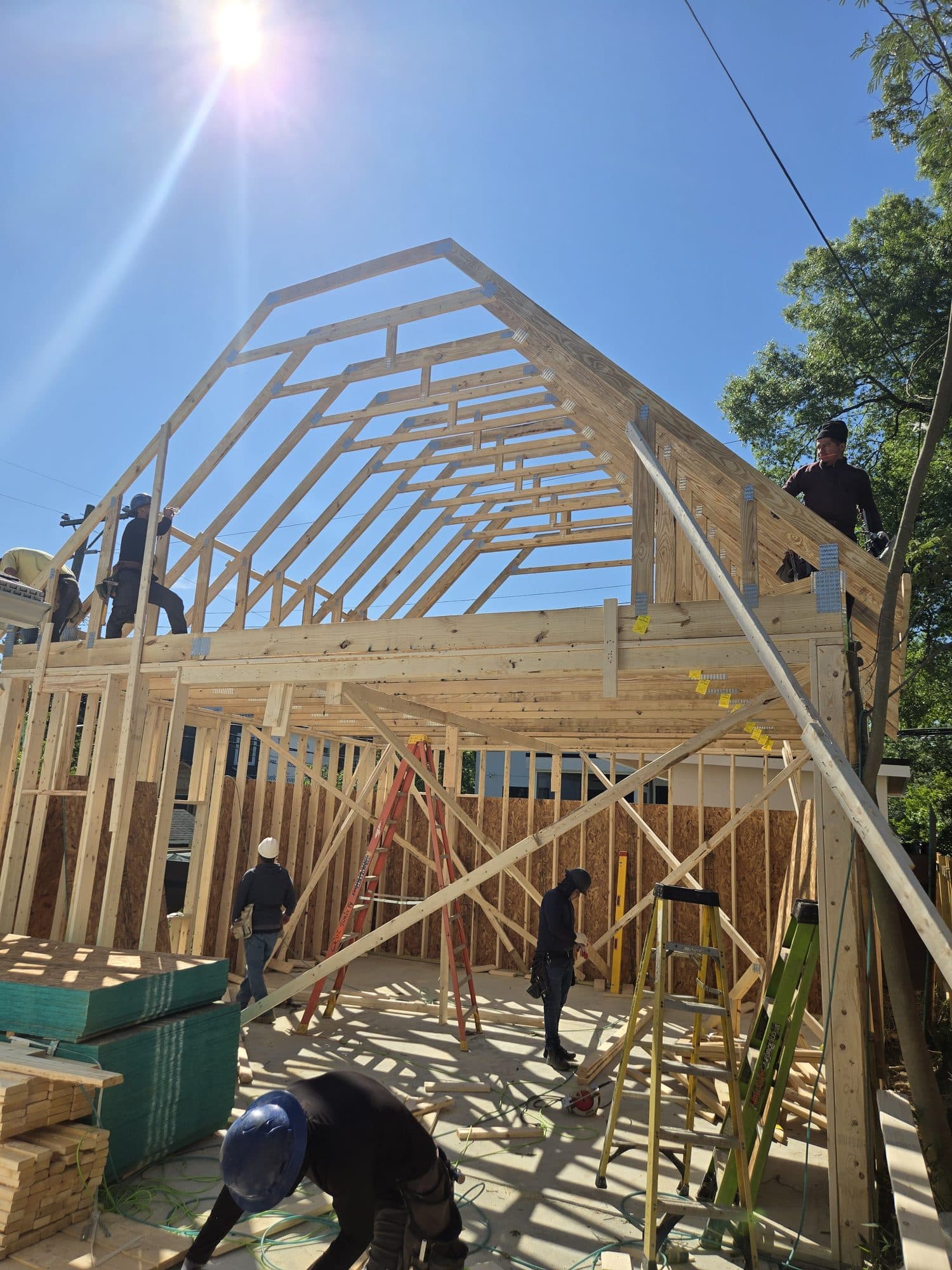 Framed two story addition trusses. Home addition project by Potts Brothers Construction, Arlington & Northern Virginia