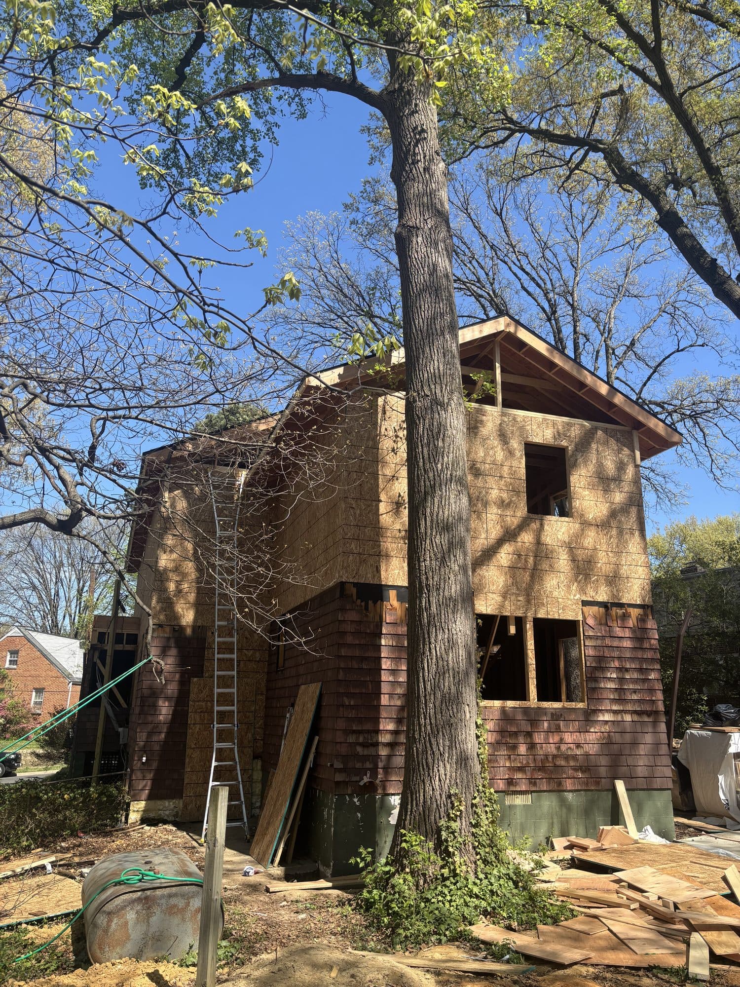 Two story addition exterior behind large tree. Home addition project by Potts Brothers Construction, Arlington & Northern Virginia