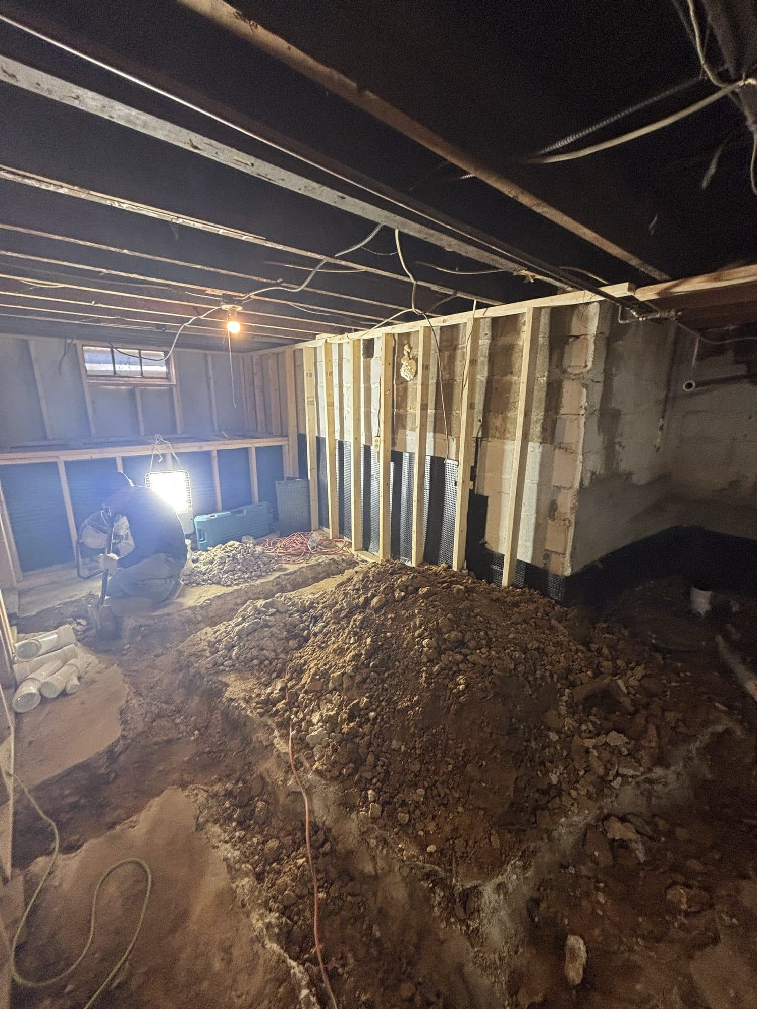 Basement excavation with block foundation walls. Foundation project by Potts Brothers Construction, Arlington & Northern Virginia