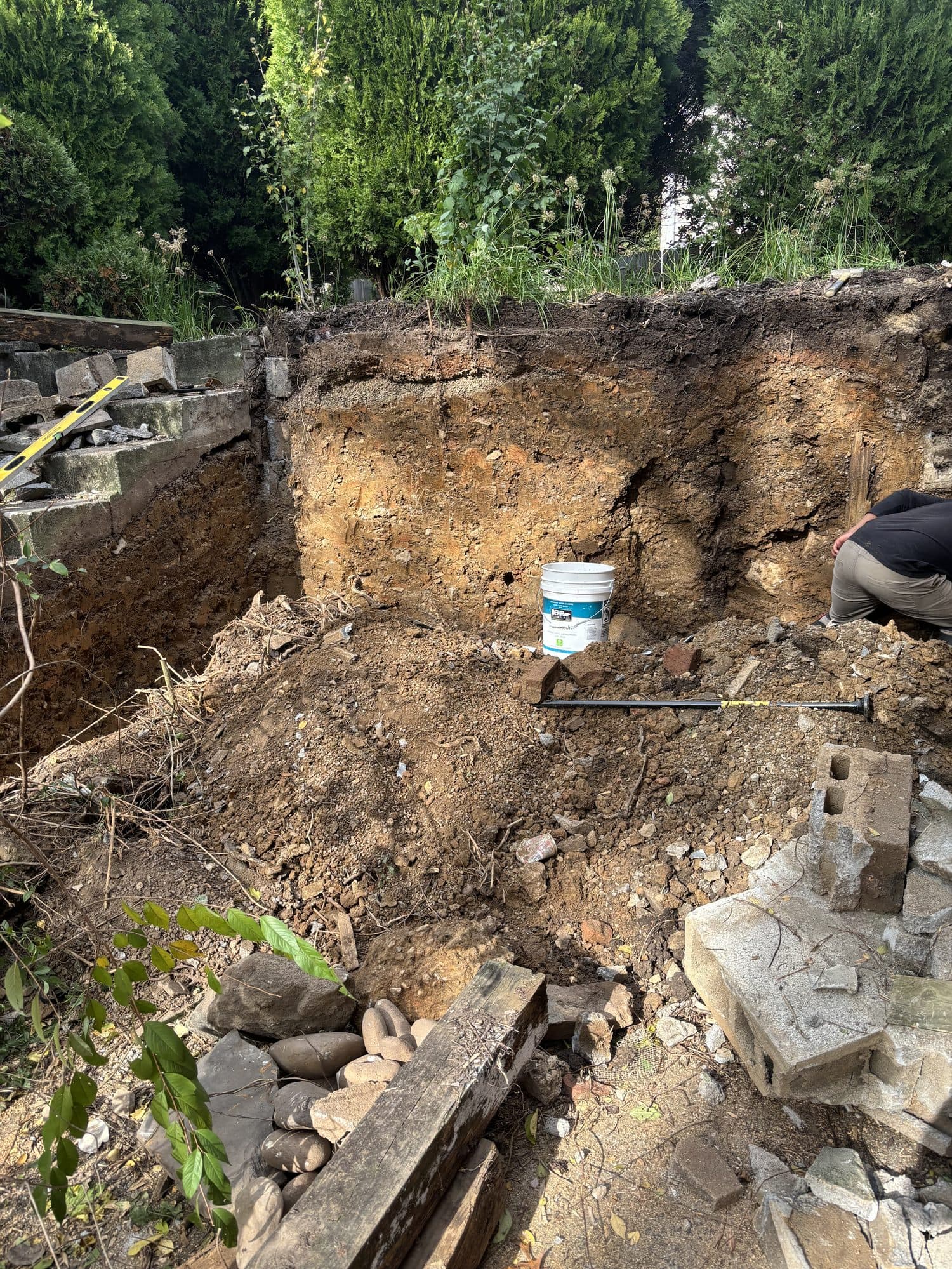 Deep foundation excavation pit exposed. Foundation project by Potts Brothers Construction, Arlington & Northern Virginia